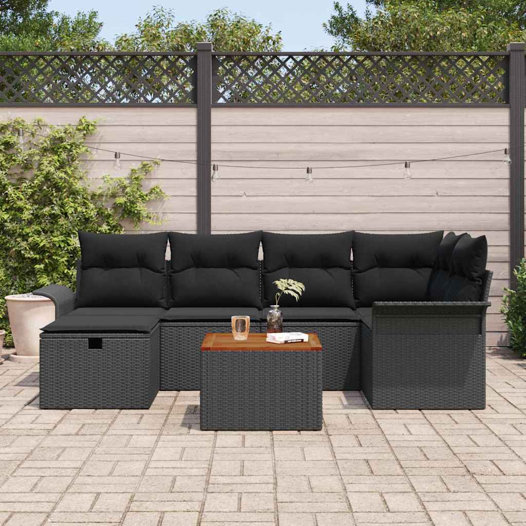 Set Divano da Giardino con cuscino 7 pcs Nero Poly Rattan | homemem39