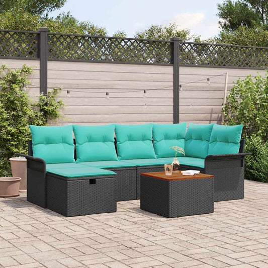 Set Divano da Giardino con cuscino 7 pcs Nero Poly Rattan