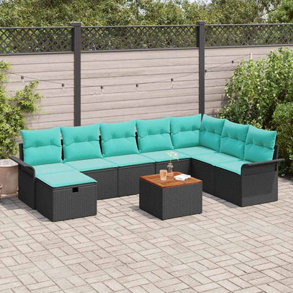 Set Divano da Giardino con cuscino 9 pcs Nero Poly Rattan | homemem39