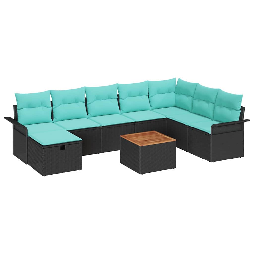 Set Divano da Giardino con cuscino 9 pcs Nero Poly Rattan | homemem39
