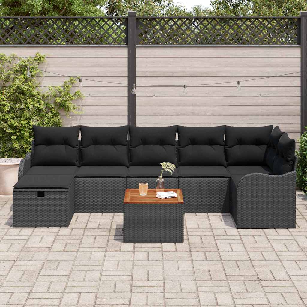 Set Divano da Giardino con cuscino 8 pcs Nero Poly Rattan | homemem39