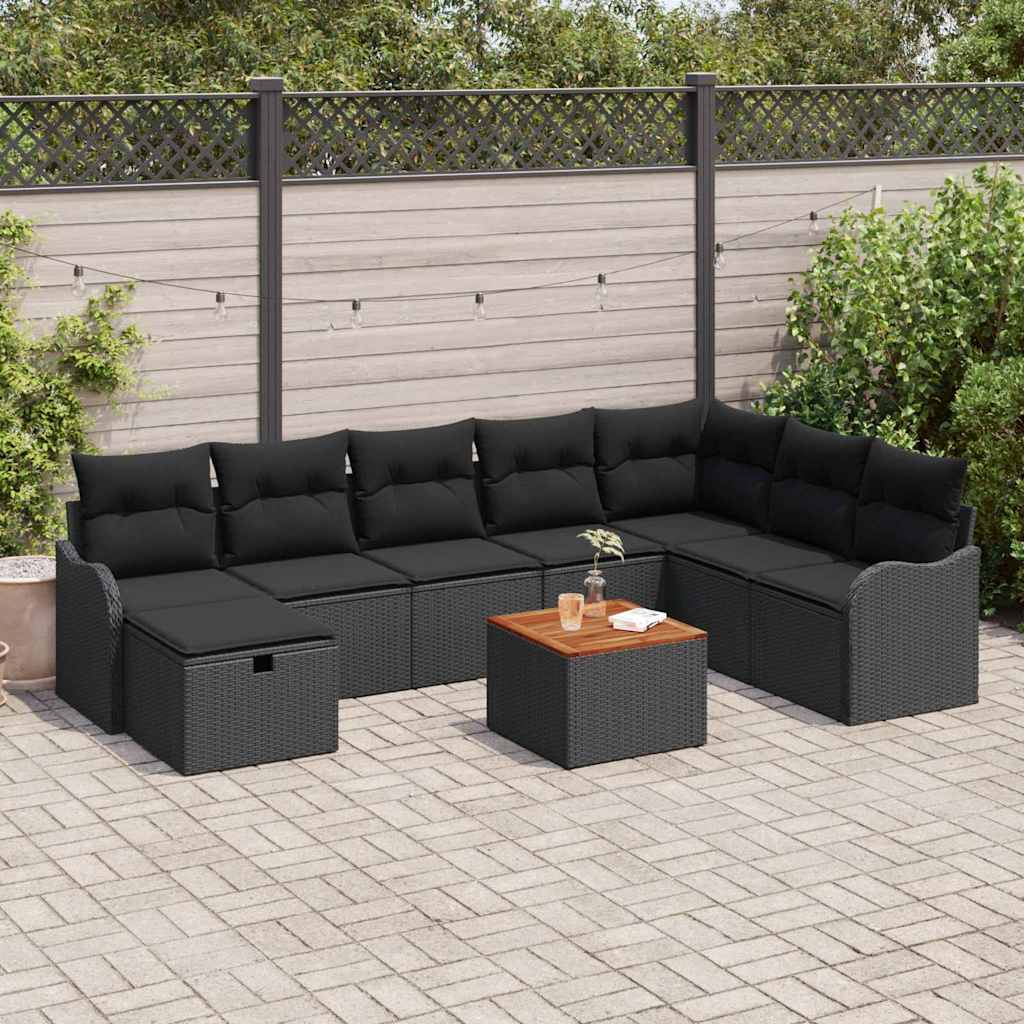 Set Divano da Giardino con cuscino 9 pcs Nero Poly Rattan | homemem39