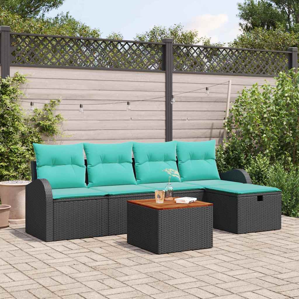 Set Divano da Giardino con cuscino 6 pcs Nero Poly Rattan | homemem39
