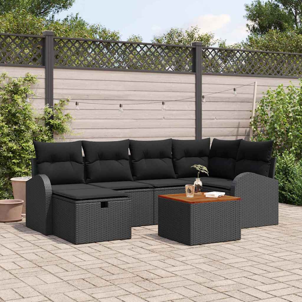 Set Divano da Giardino con cuscino 7 pcs Nero Poly Rattan | homemem39