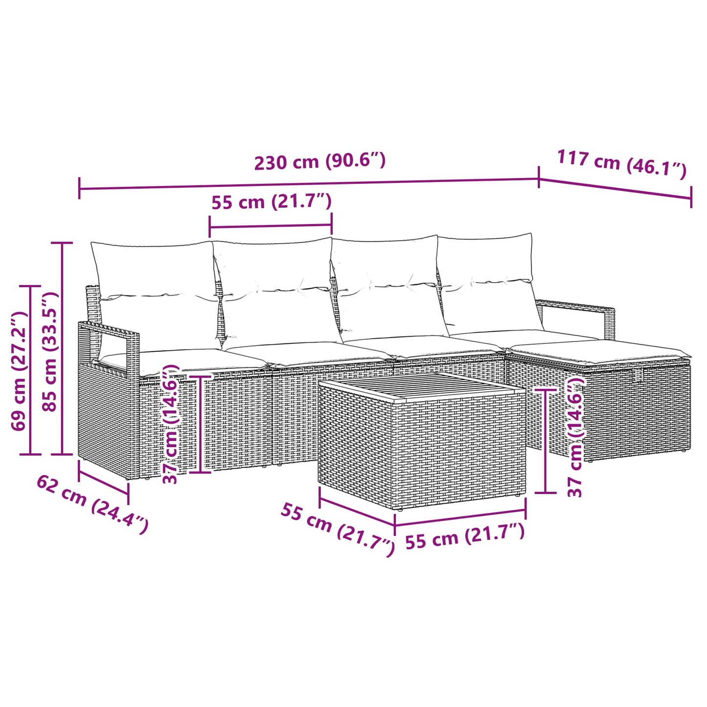 Set Divano da Giardino con cuscino 6 pcs Beige Poly Rattan
