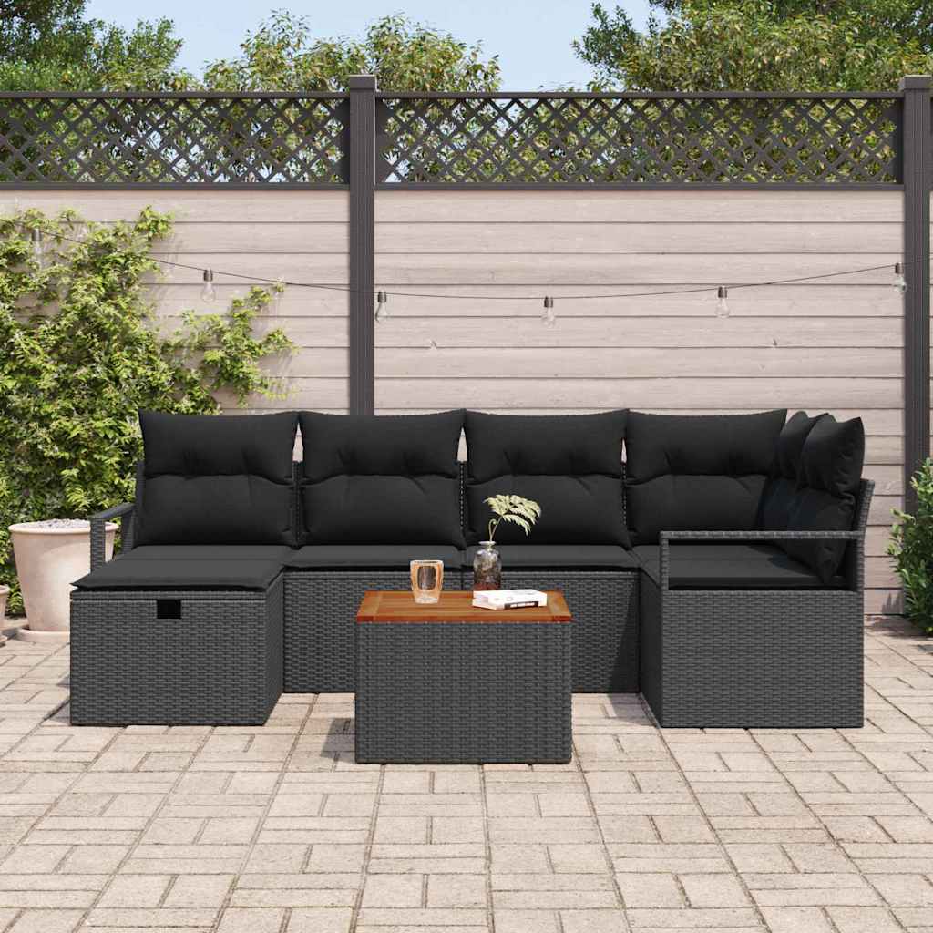 Set Divano da Giardino con cuscino 7 pcs Nero Poly Rattan | homemem39