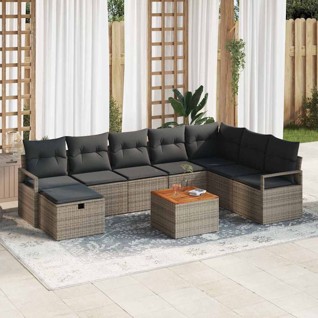 Set Divano da Giardino con cuscino 9 pcs Grigio Poly Rattan