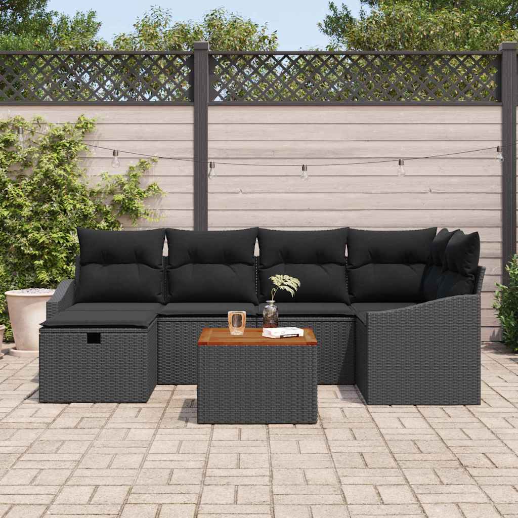 Set Divano da Giardino con cuscino 7 pcs Nero Poly Rattan | homemem39