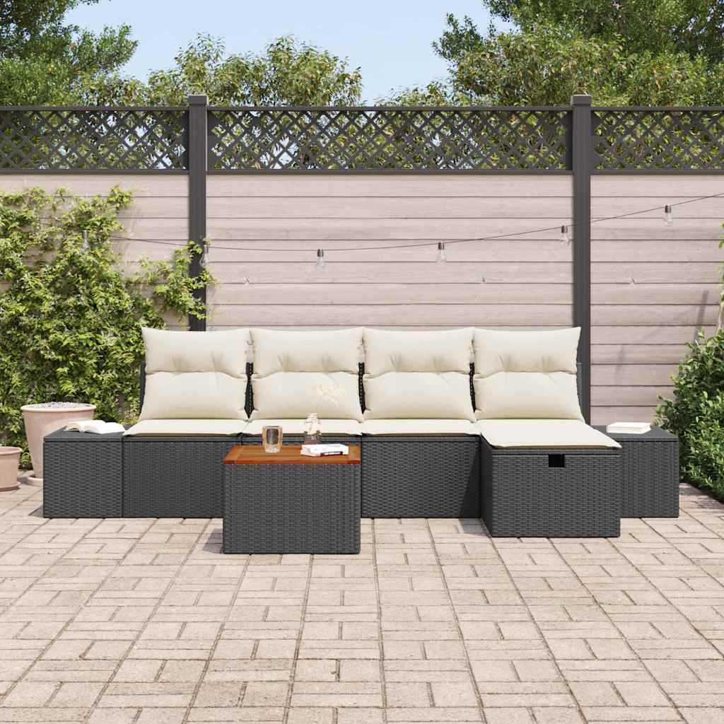 Set Divano da Giardino con cuscino 6 pcs Nero Poly Rattan