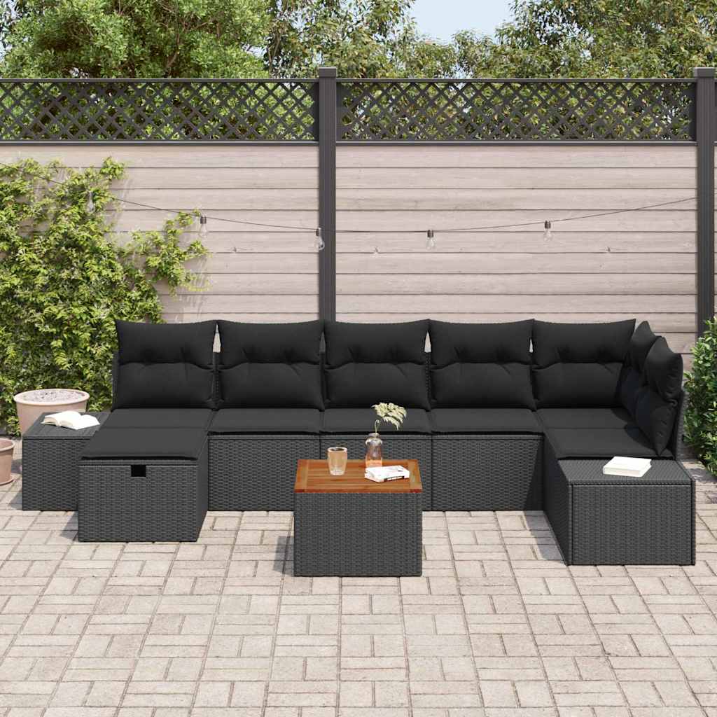 Set Divano da Giardino con cuscino 8 pcs Nero Poly Rattan | homemem39