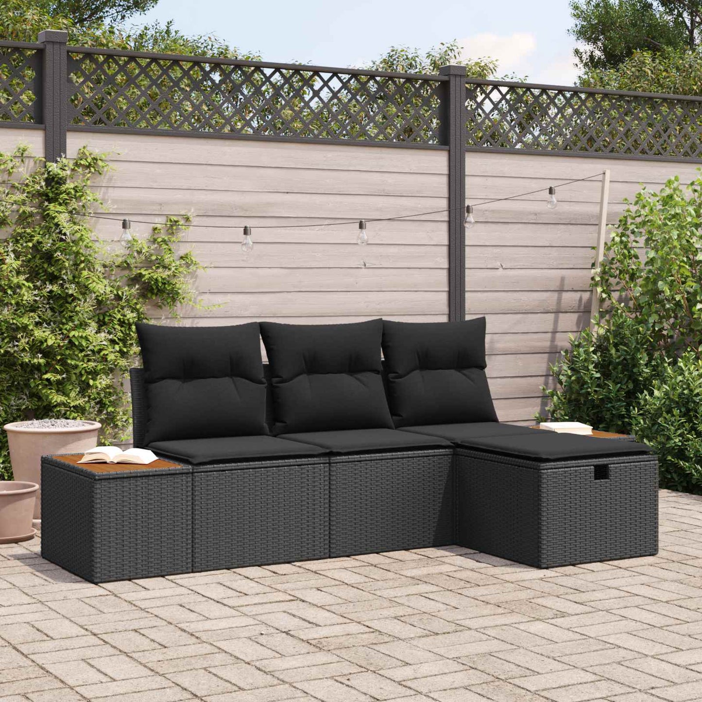 Set Divano da Giardino con cuscino 4 pcs Nero polyrattan | homemem39
