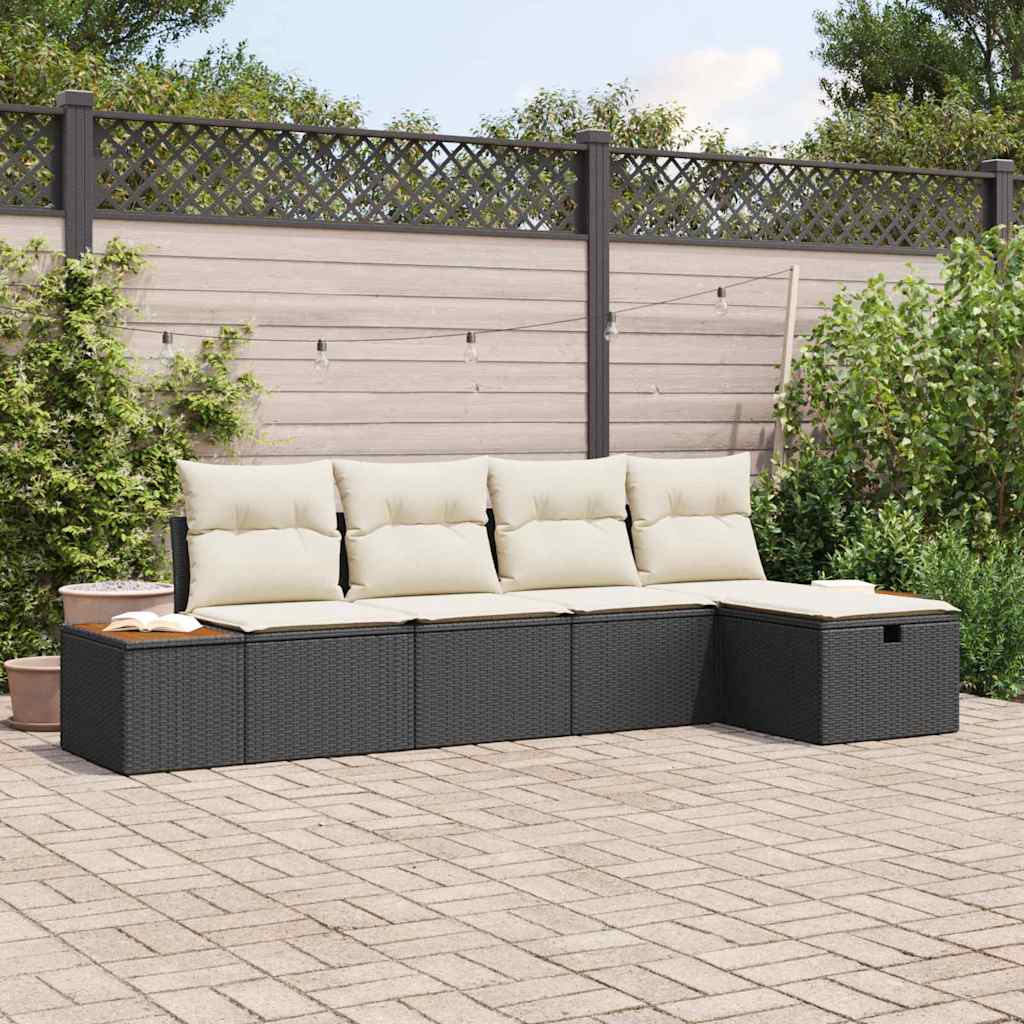 Set Divano da Giardino con cuscino 5 pcs Nero Poly Rattan | homemem39