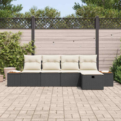 Set Divano da Giardino con cuscino 5 pcs Nero Poly Rattan | homemem39