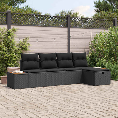 Set Divano da Giardino con cuscino 5 pcs Nero Poly Rattan | homemem39