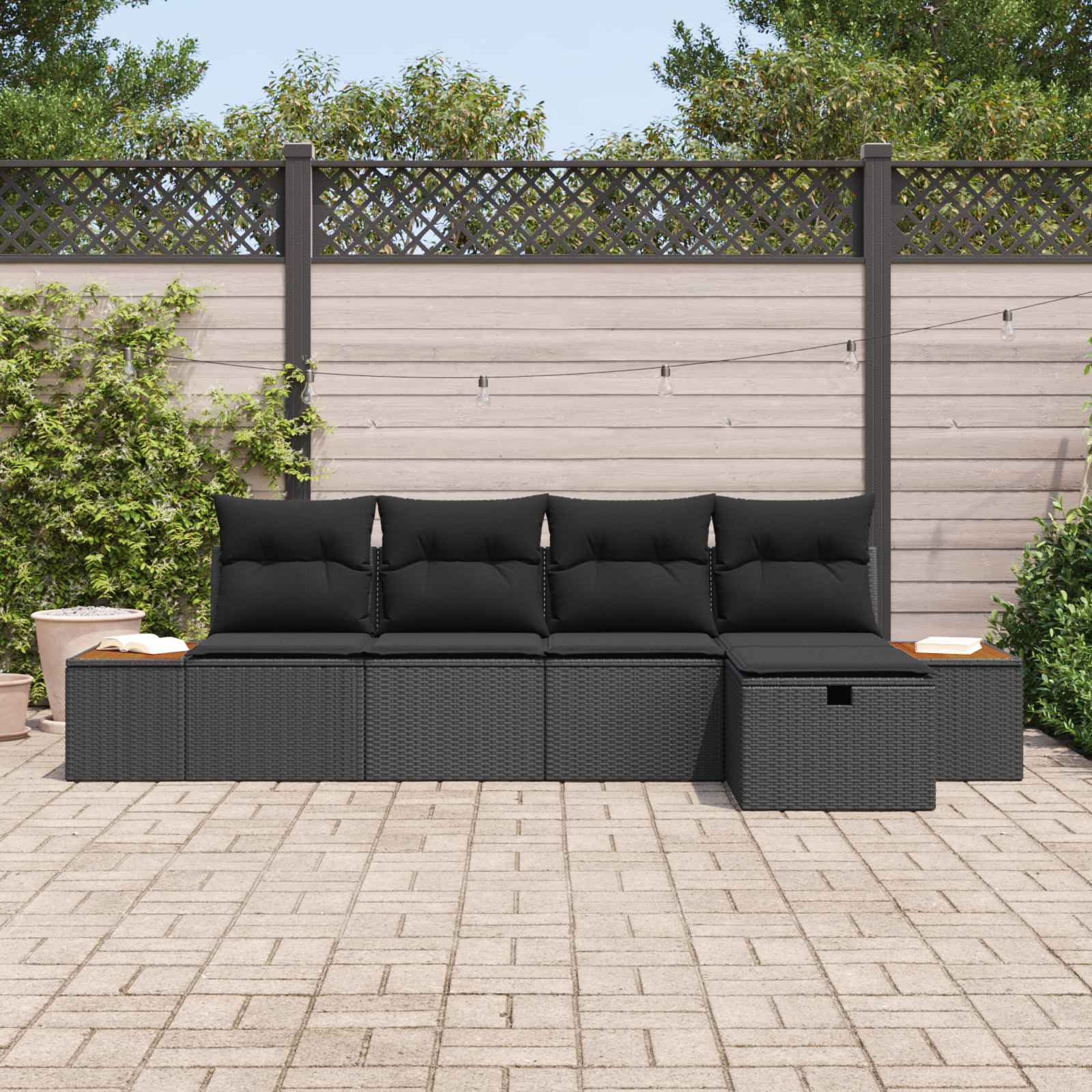 Set Divano da Giardino con cuscino 5 pcs Nero Poly Rattan | homemem39