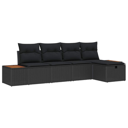 Set Divano da Giardino con cuscino 5 pcs Nero Poly Rattan | homemem39