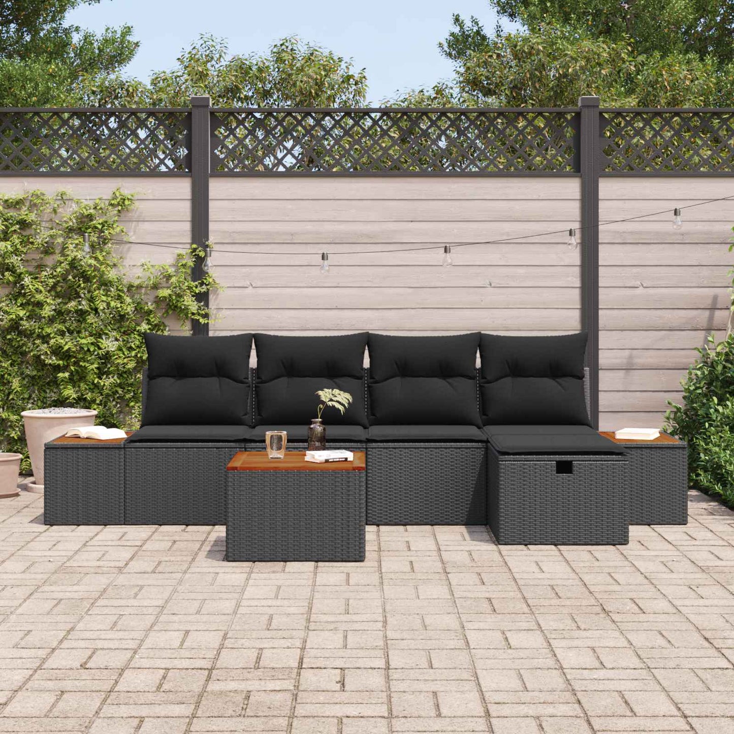 Set Divano da Giardino con cuscino 6 pcs Nero Poly Rattan | homemem39