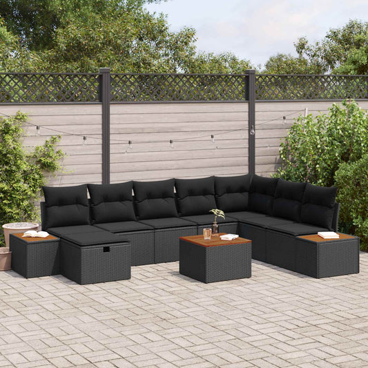 Set Divano da Giardino con cuscino 9 pcs Nero Poly Rattan