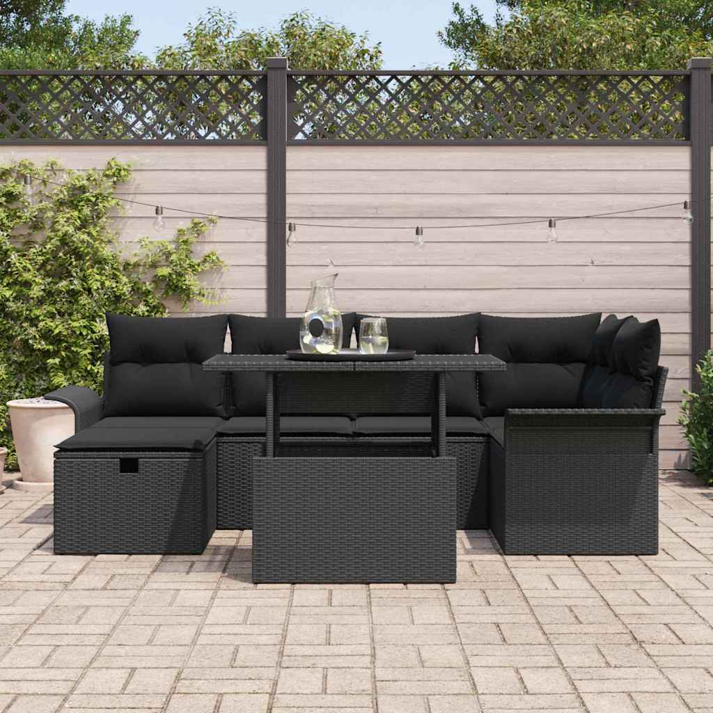 Set Divano da Giardino con cuscino 7 pcs Nero Poly Rattan | homemem39