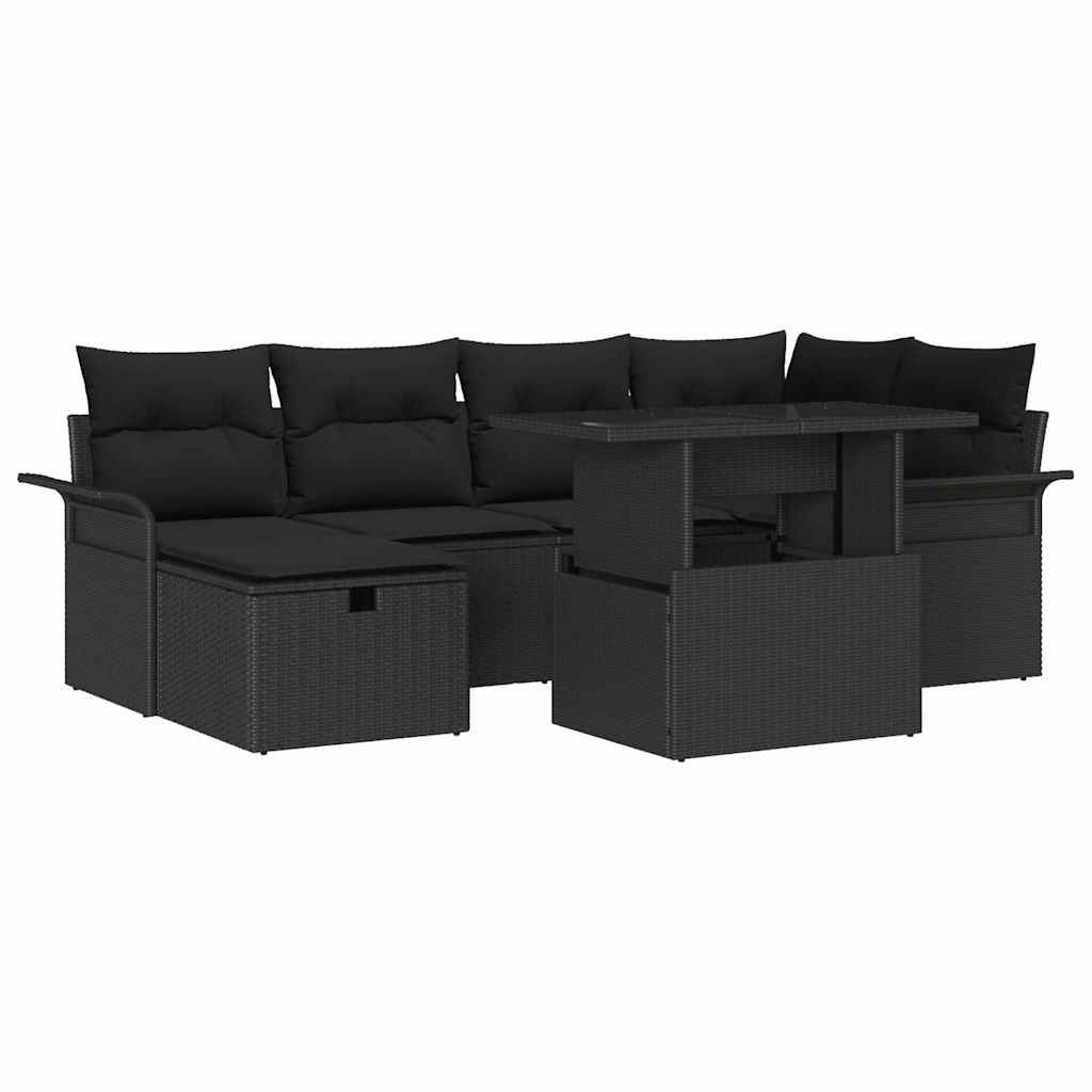 Set Divano da Giardino con cuscino 7 pcs Nero Poly Rattan | homemem39