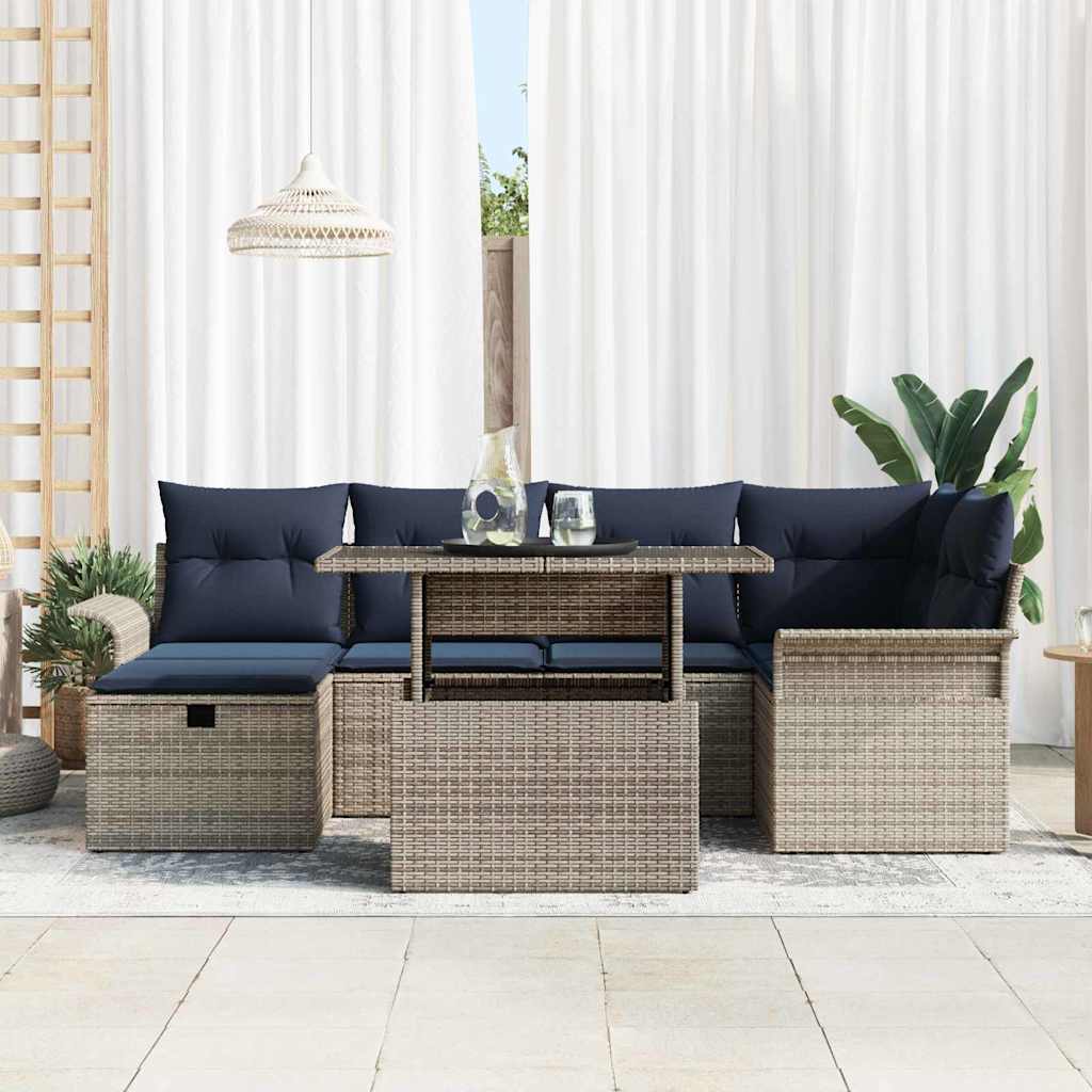 Set Divano da Giardino con cuscino 7 pcs Grigio Poly Rattan