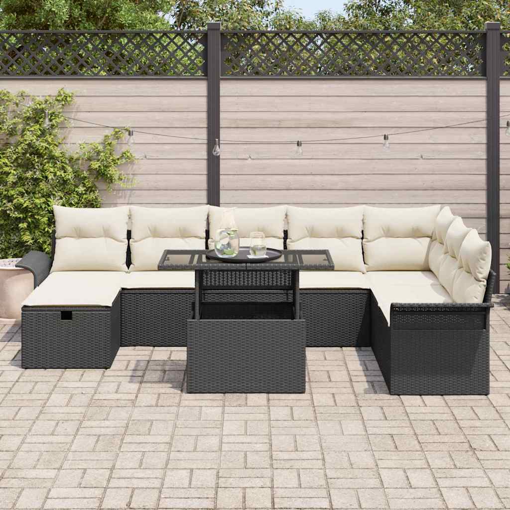 Set Divano da Giardino con cuscino 9 pcs Nero Poly Rattan