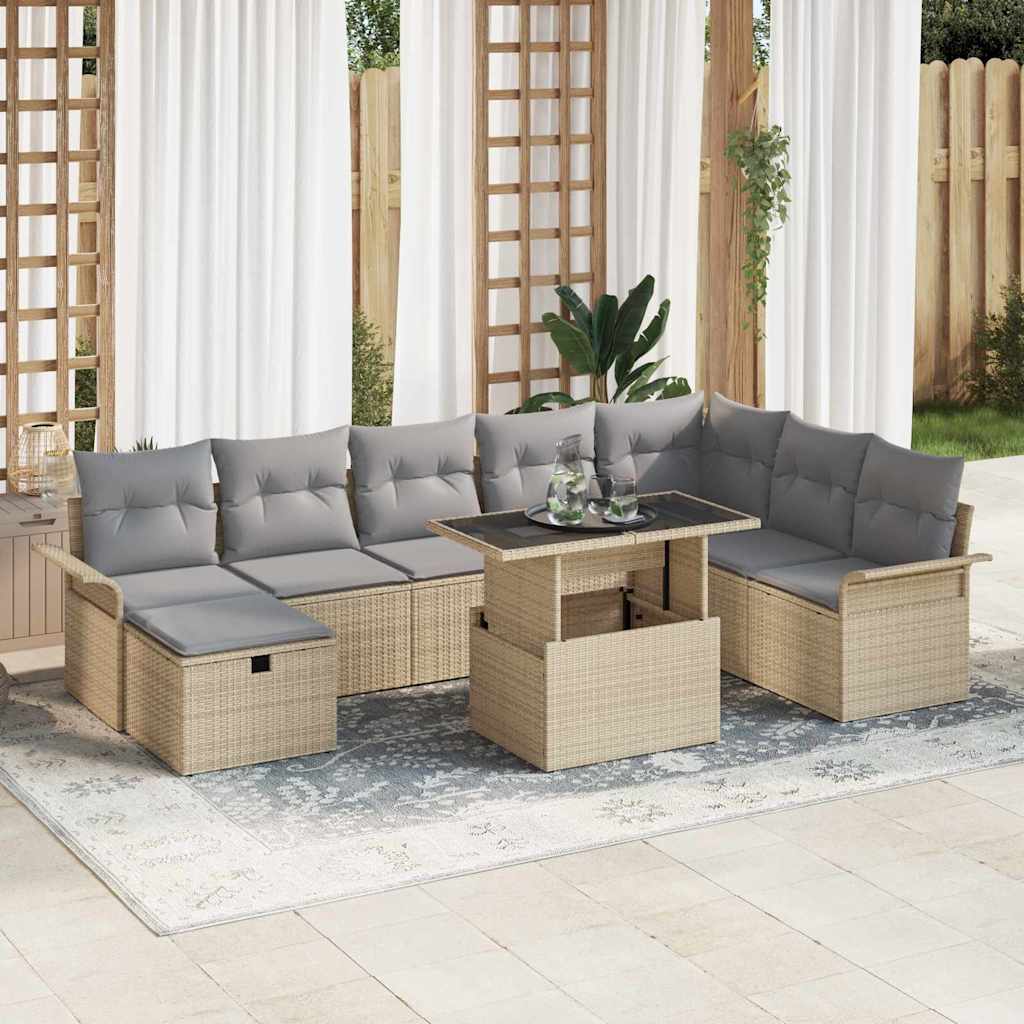 Set Divano da Giardino con cuscino 9 pcs Beige Poly Rattan | homemem39