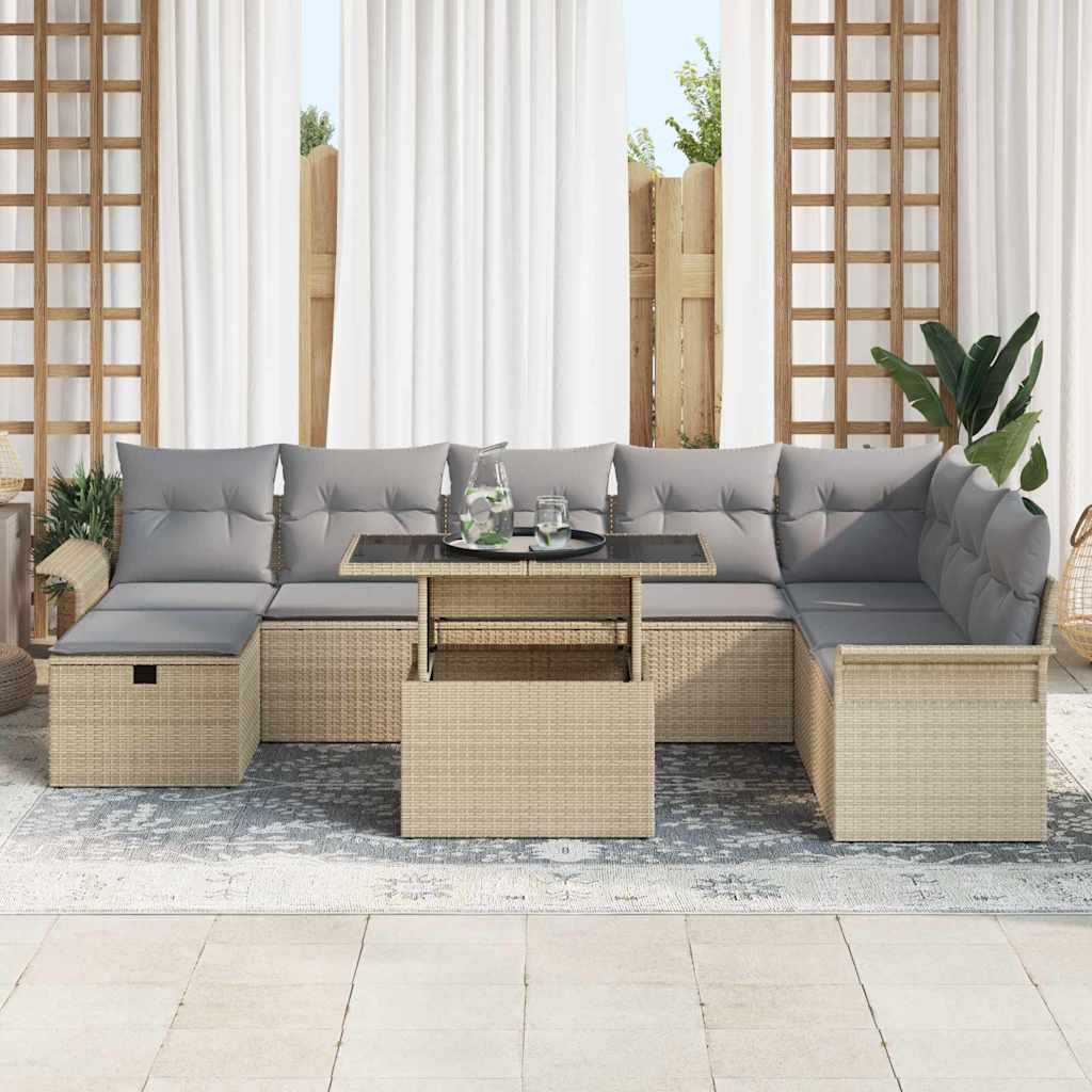 Set Divano da Giardino con cuscino 9 pcs Beige Poly Rattan | homemem39