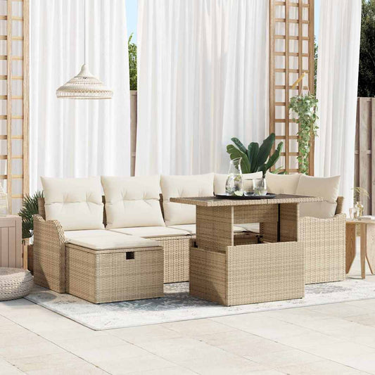Set Divano da Giardino con cuscino 7 pcs Beige Poly Rattan