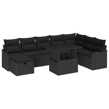 Set Divano da Giardino con cuscino 9 pcs Nero Poly Rattan | homemem39