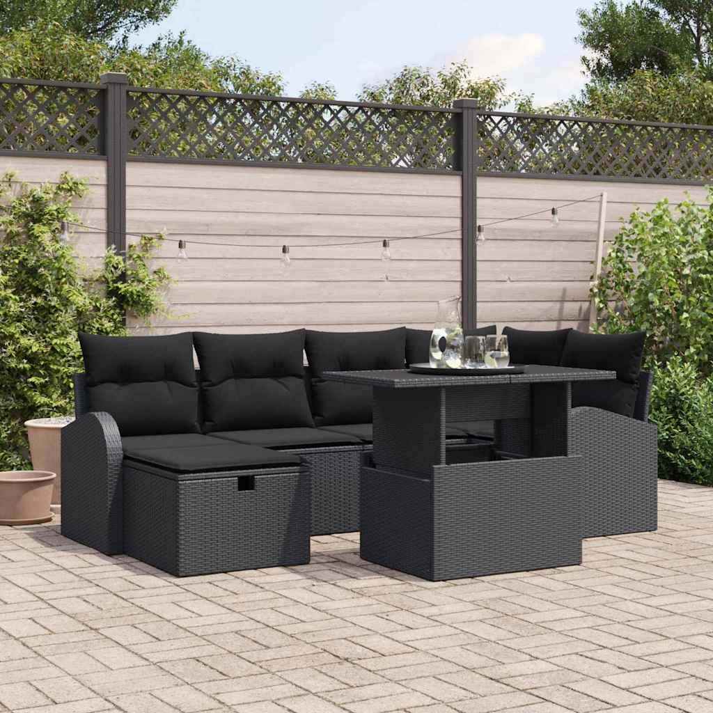 Set Divano da Giardino con cuscino 7 pcs Nero Poly Rattan | homemem39