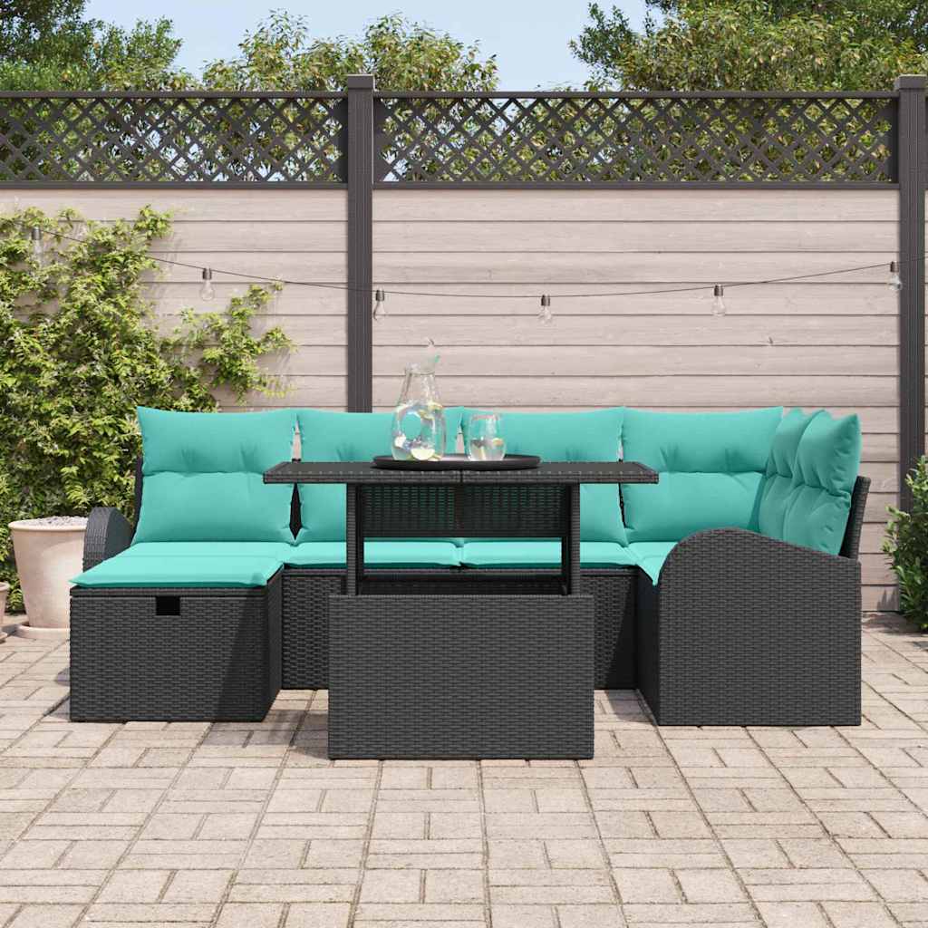 Set Divano da Giardino con cuscino 7 pcs Nero Poly Rattan | homemem39