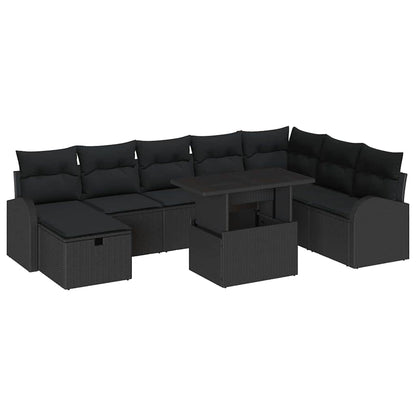 Set Divano da Giardino con cuscino 9 pcs Nero Poly Rattan | homemem39