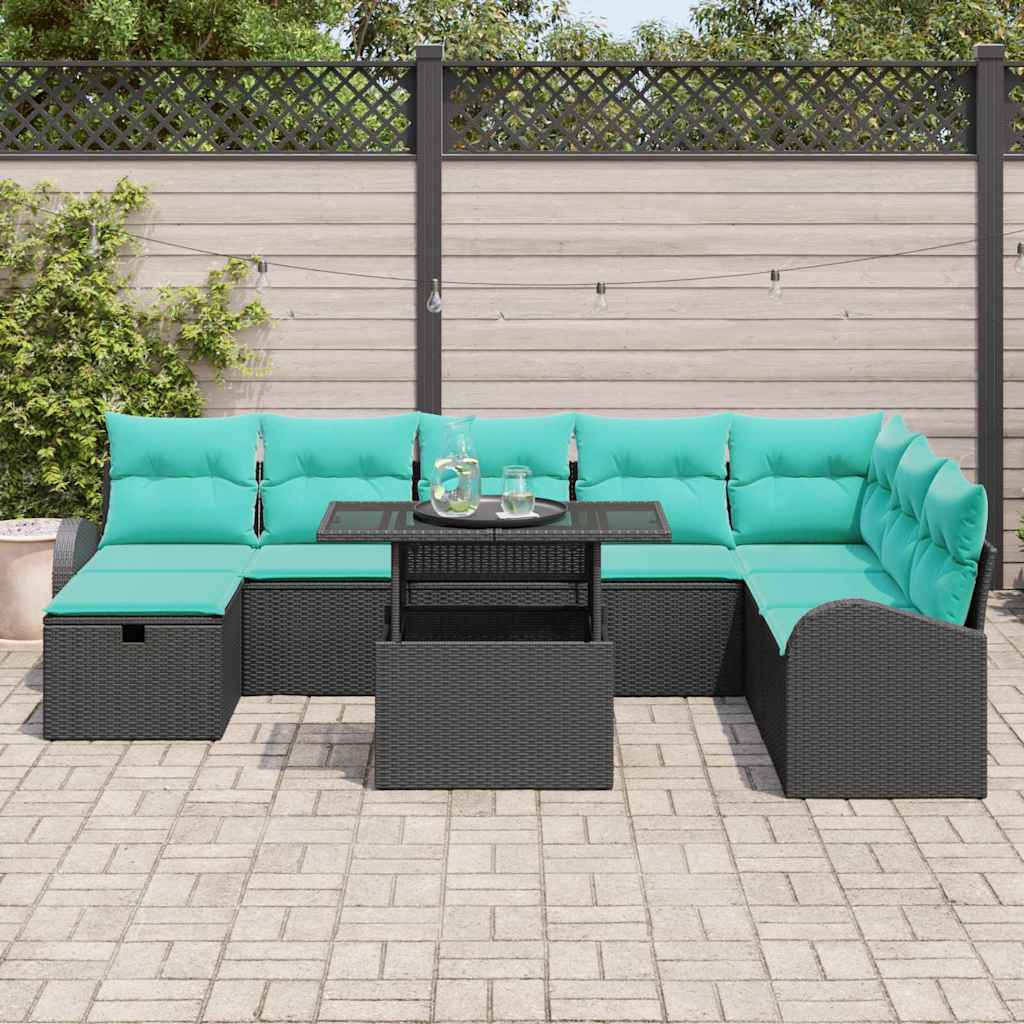 Set Divano da Giardino con cuscino 9 pcs Nero Poly Rattan