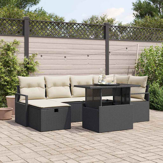 Set Divano da Giardino con cuscino 7 pcs Nero Poly Rattan