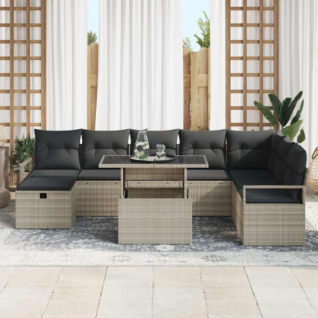 Set Divano da Giardino 9 pcs Grigio chiaro Poly Rattan