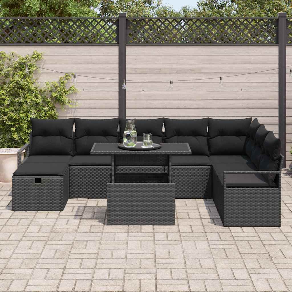 Set Divano da Giardino con cuscino 9 pcs Nero Poly Rattan | homemem39