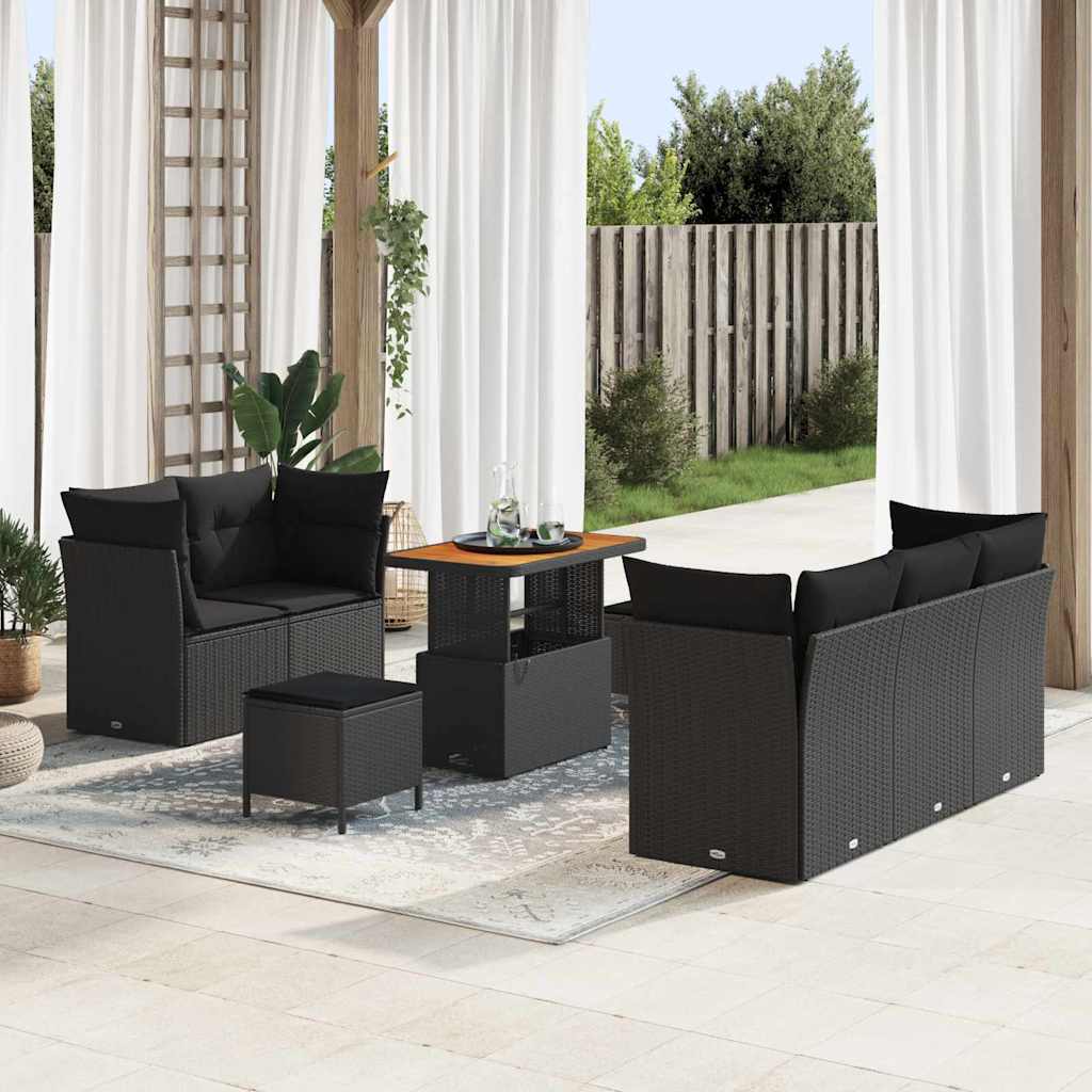 Set Divano da Giardino con cuscino 8 pcs Nero polyrattan