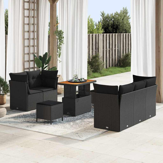 Set Divano da Giardino con cuscino 8 pcs Nero polyrattan