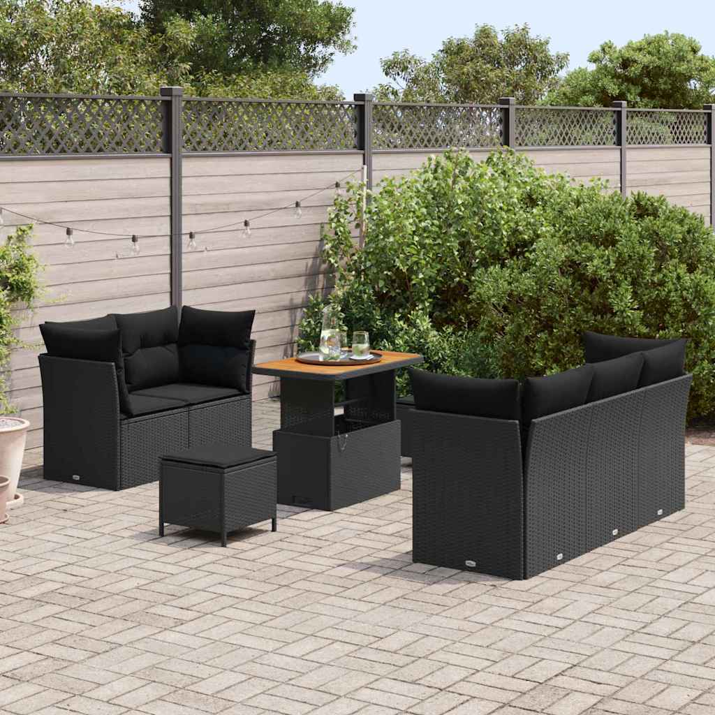 Set Divano da Giardino con cuscino 8 pcs Nero polyrattan
