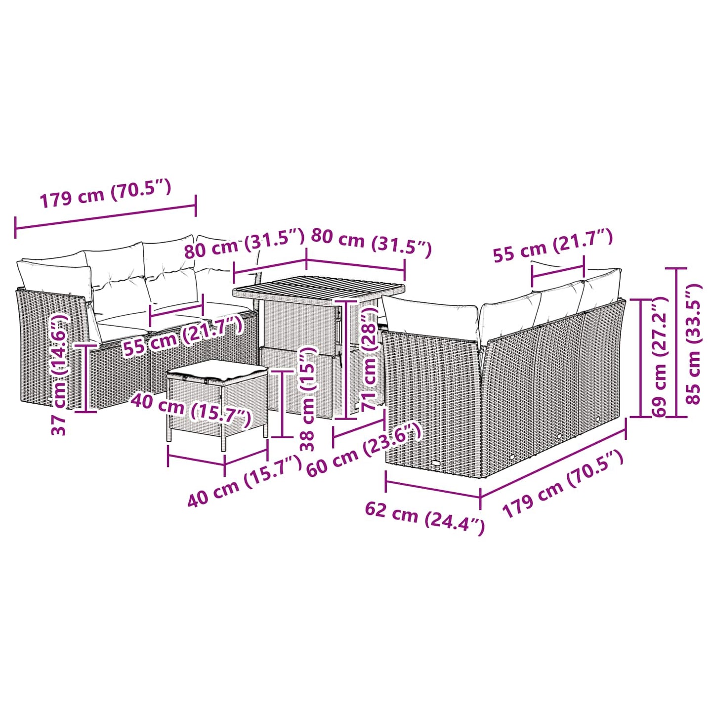Set Divano da Giardino 9 pcs Nero polyrattan