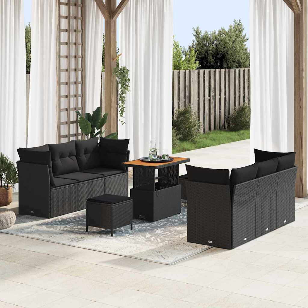Set Divano da Giardino con cuscino 9 pcs Nero polyrattan