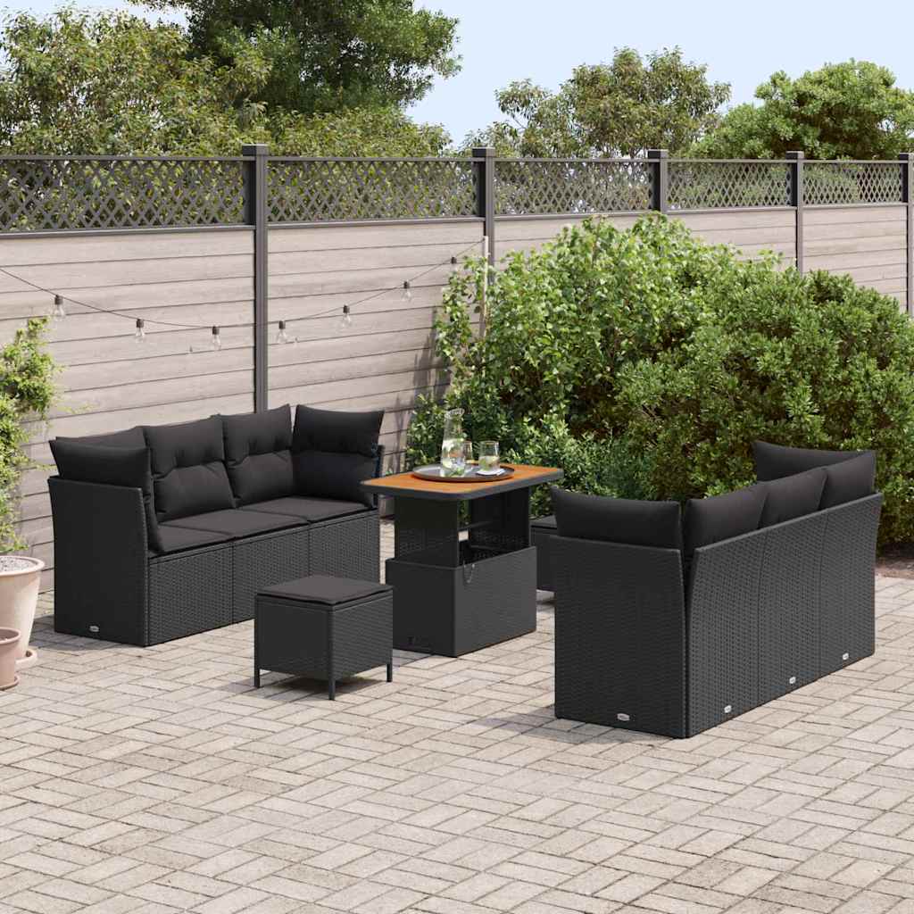 Set Divano da Giardino con cuscino 9 pcs Nero polyrattan