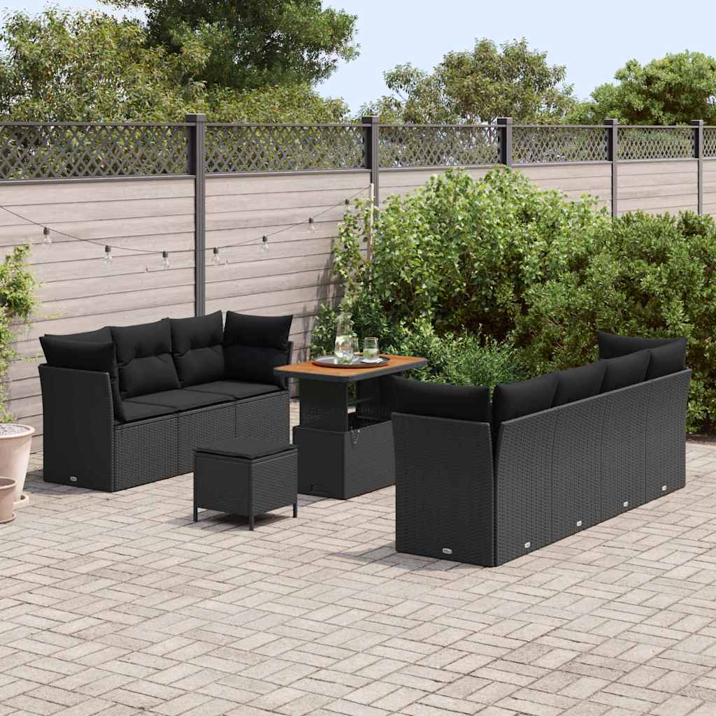 Set Divano da Giardino con cuscino 10 pcs Nero polyrattan