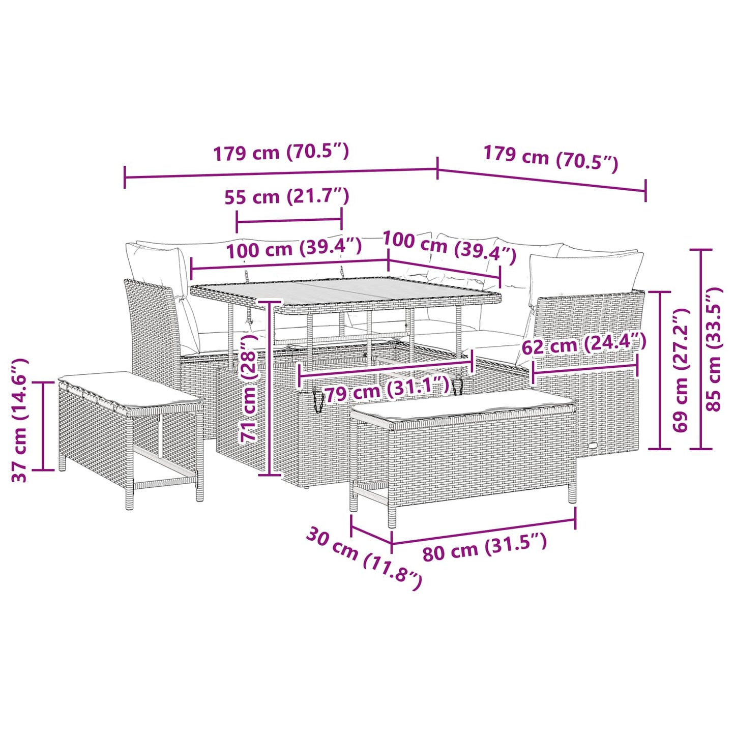 Set Divano da Giardino 8 pcs Nero polyrattan