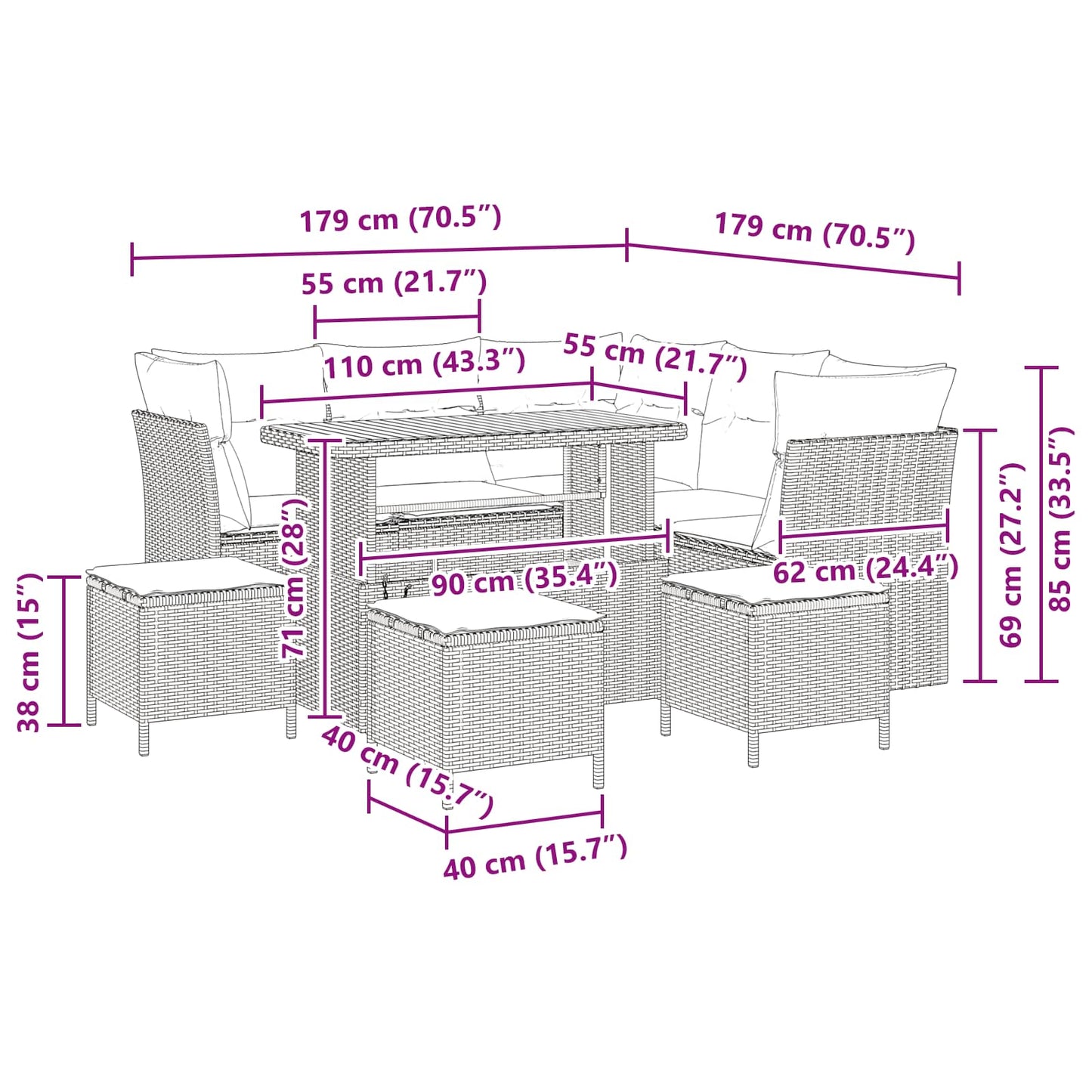 Set Divano da Giardino 9 pcs Nero polyrattan