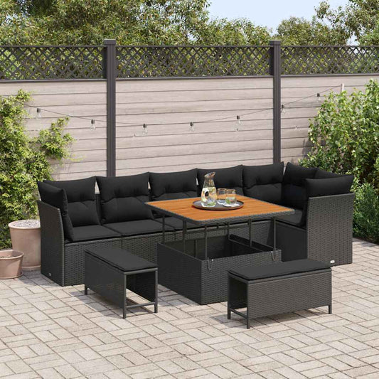 Set Divano da Giardino 9 pcs Nero polyrattan