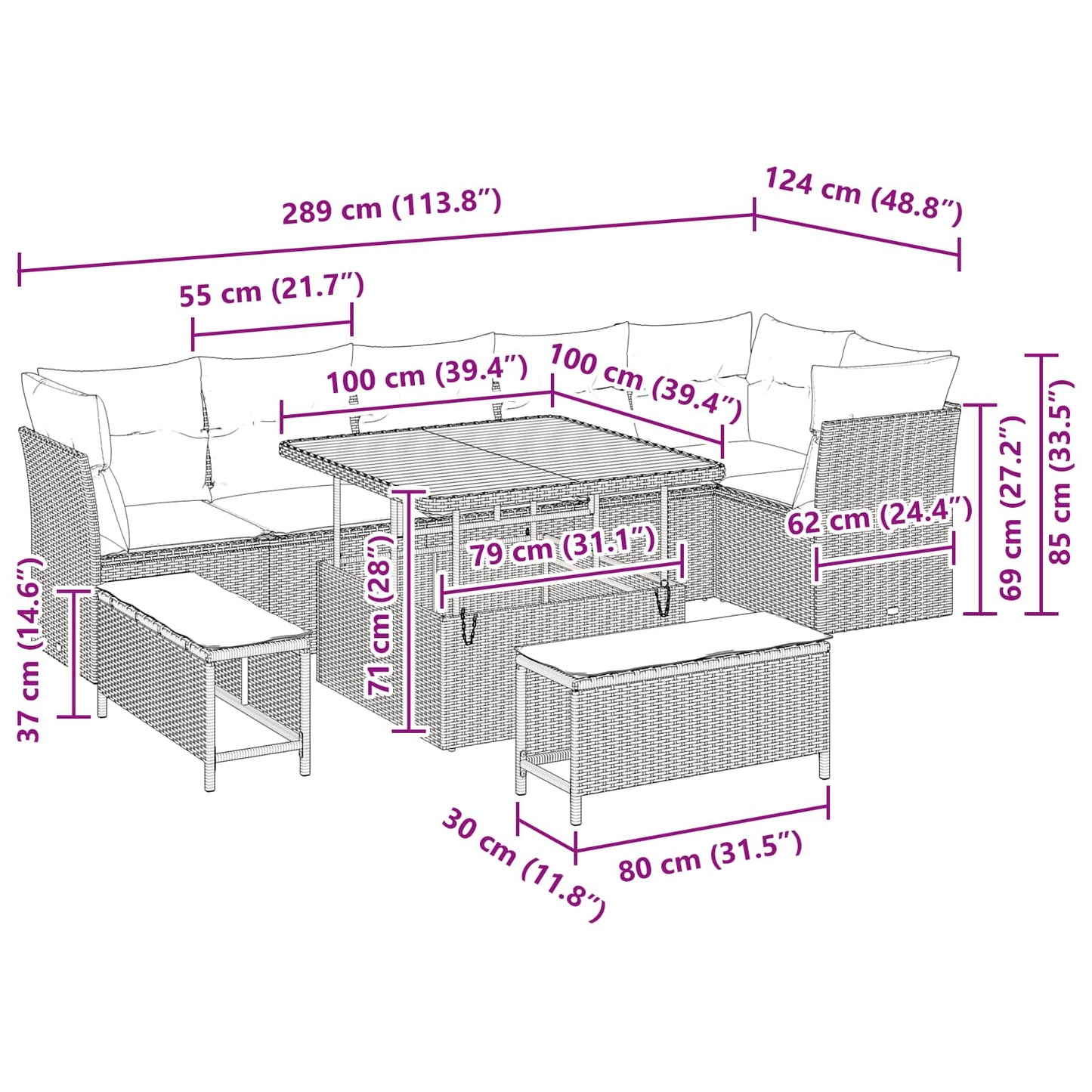 Set Divano da Giardino 9 pcs Nero polyrattan