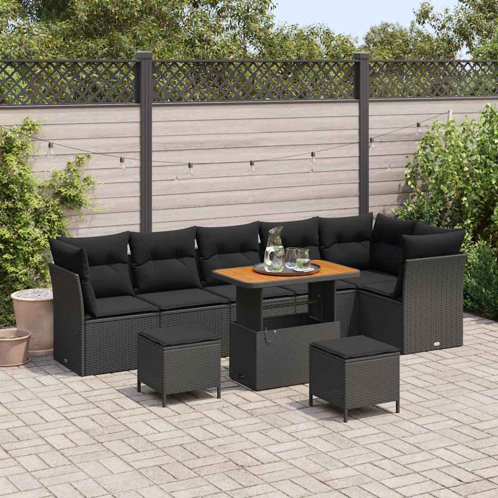 Set Divano da Giardino 9 pcs Nero polyrattan