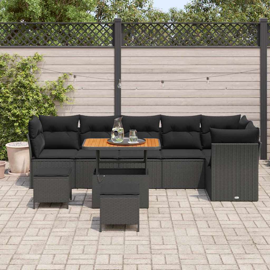 Set Divano da Giardino 9 pcs Nero polyrattan
